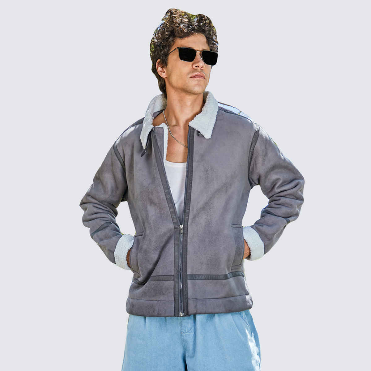 Campus Sutra Men's Fleece Lined Biker Jacket | Moon Grey & Chalk White - L