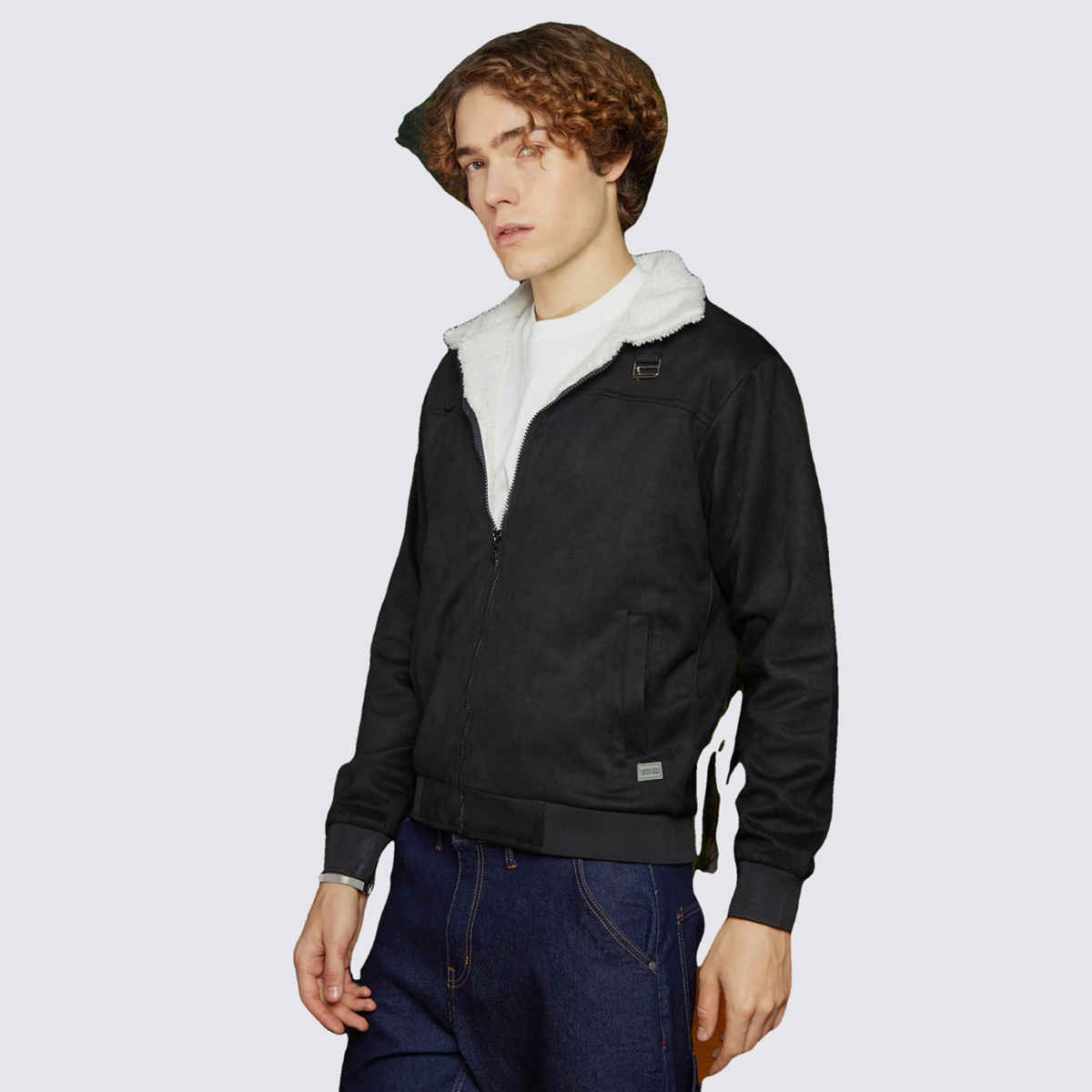 Campus Sutra Men's Fleece-Lined Bomber Jacket | Raven Black & Chalk White - S