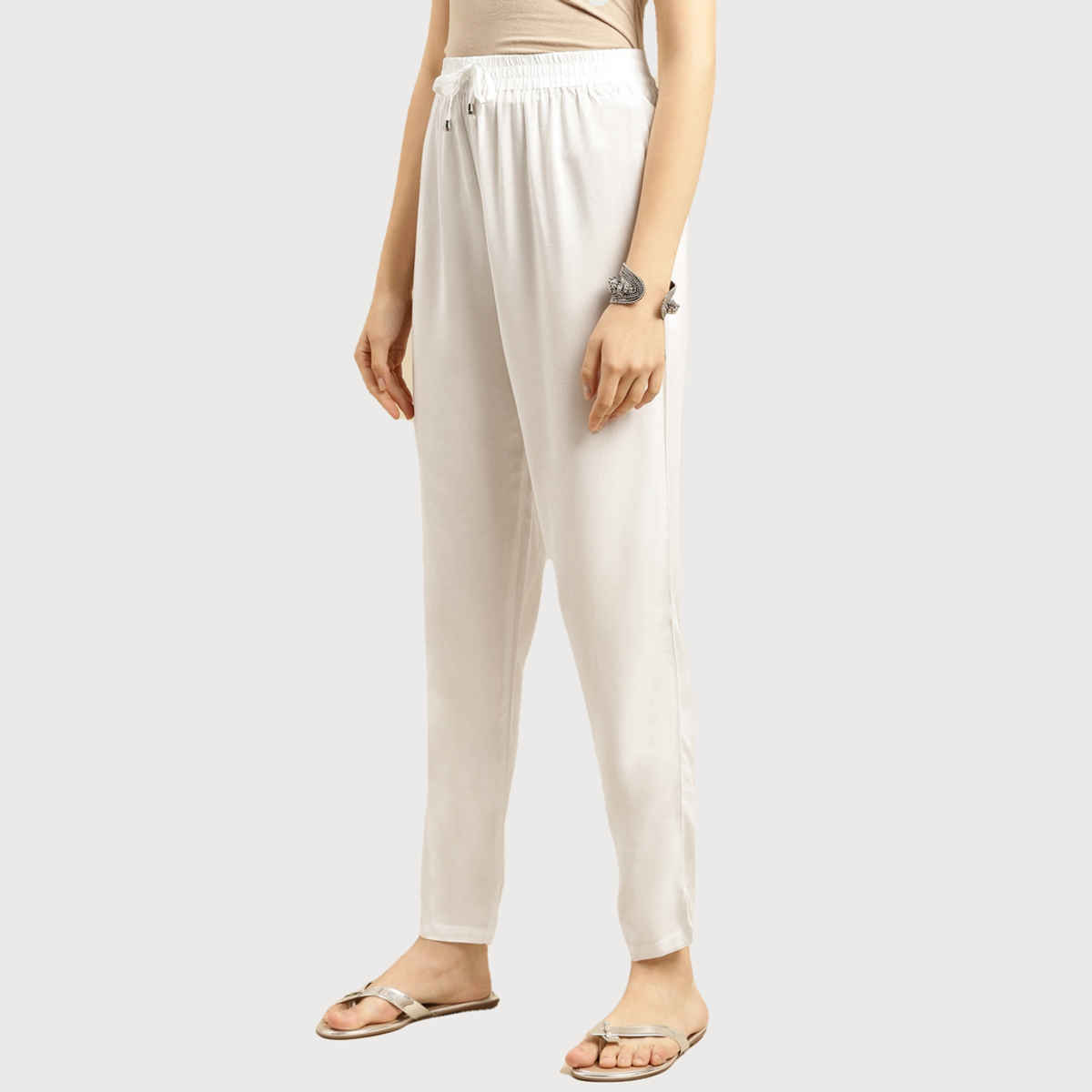Rangita Women s White Rayon Solid Ankle Length Straight Pant | L