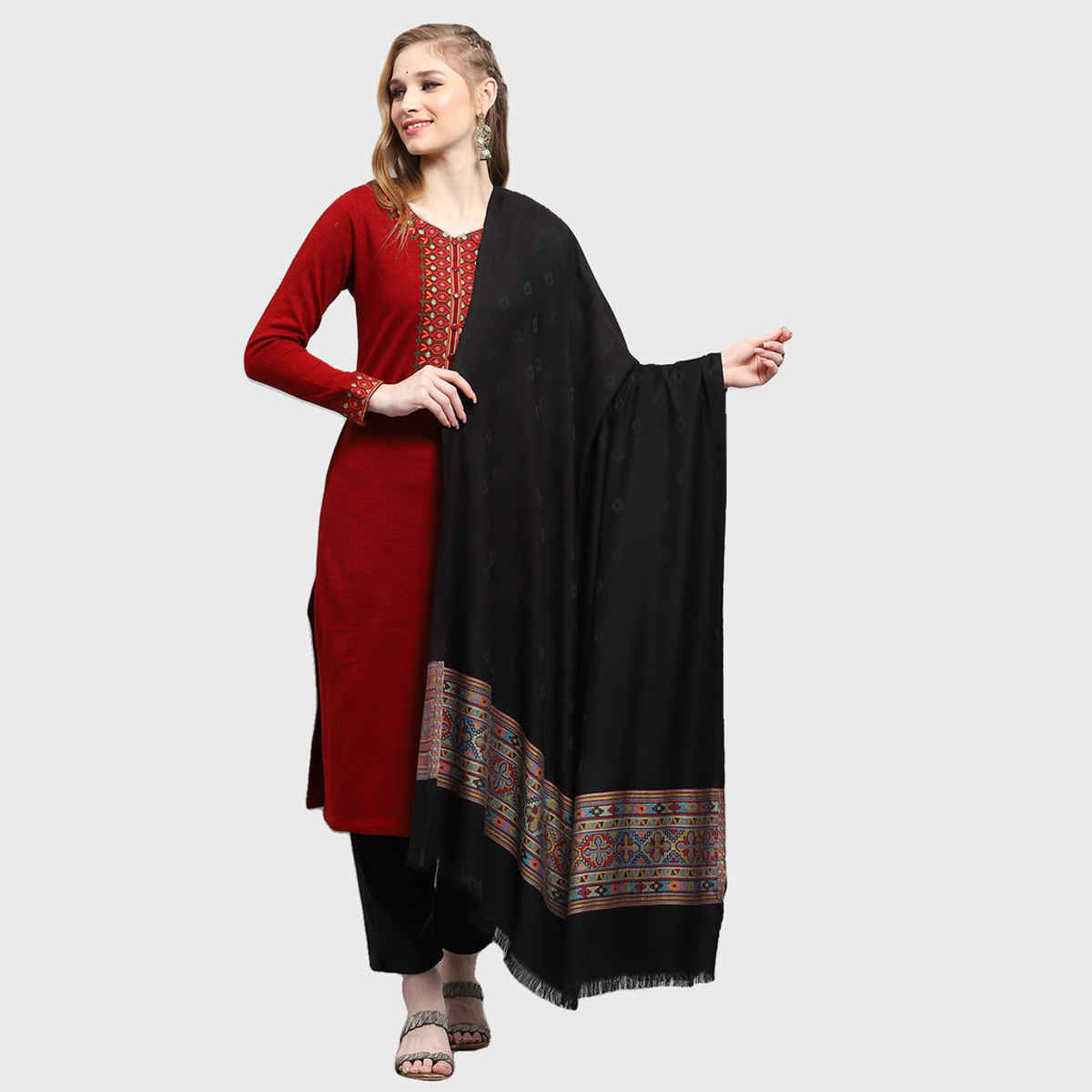 Monte Carlo Womens Self Design Black Shawl | 224Shw6860-0-40 | L 210 cm x W 105 cm