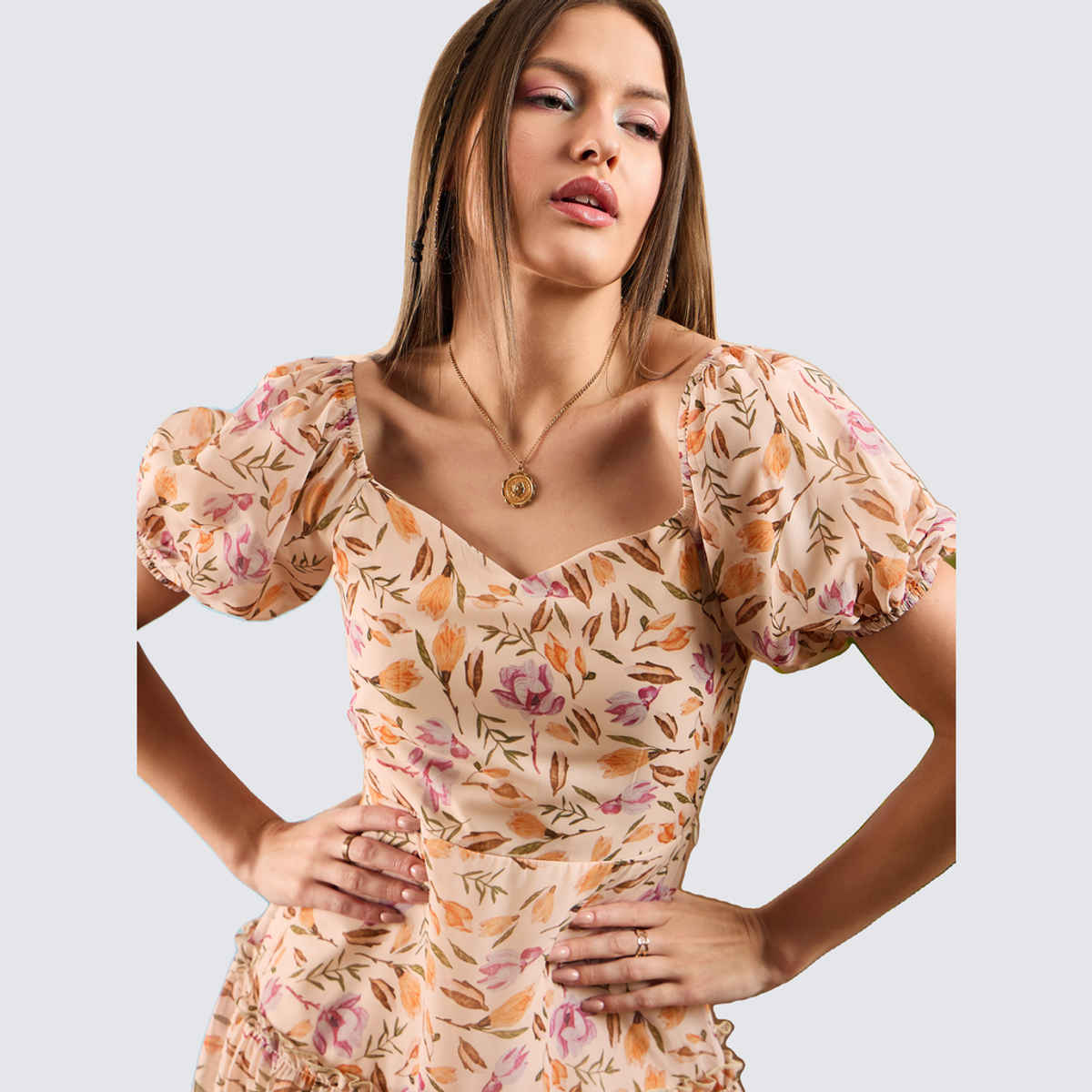 SASSAFRAS Women's Floral Sweetheart Neck Short Skater Dress | Peach - XL