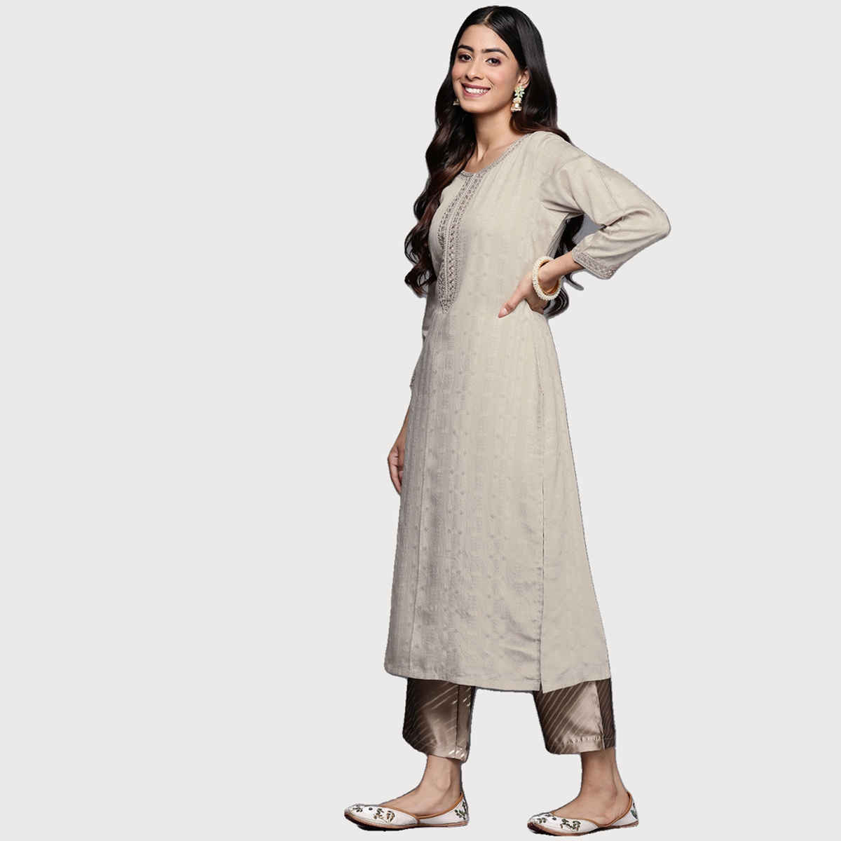 Libas Women Taupe Viscose (Dobby) Self Design With Zari Work Straight Kurta - 28069M