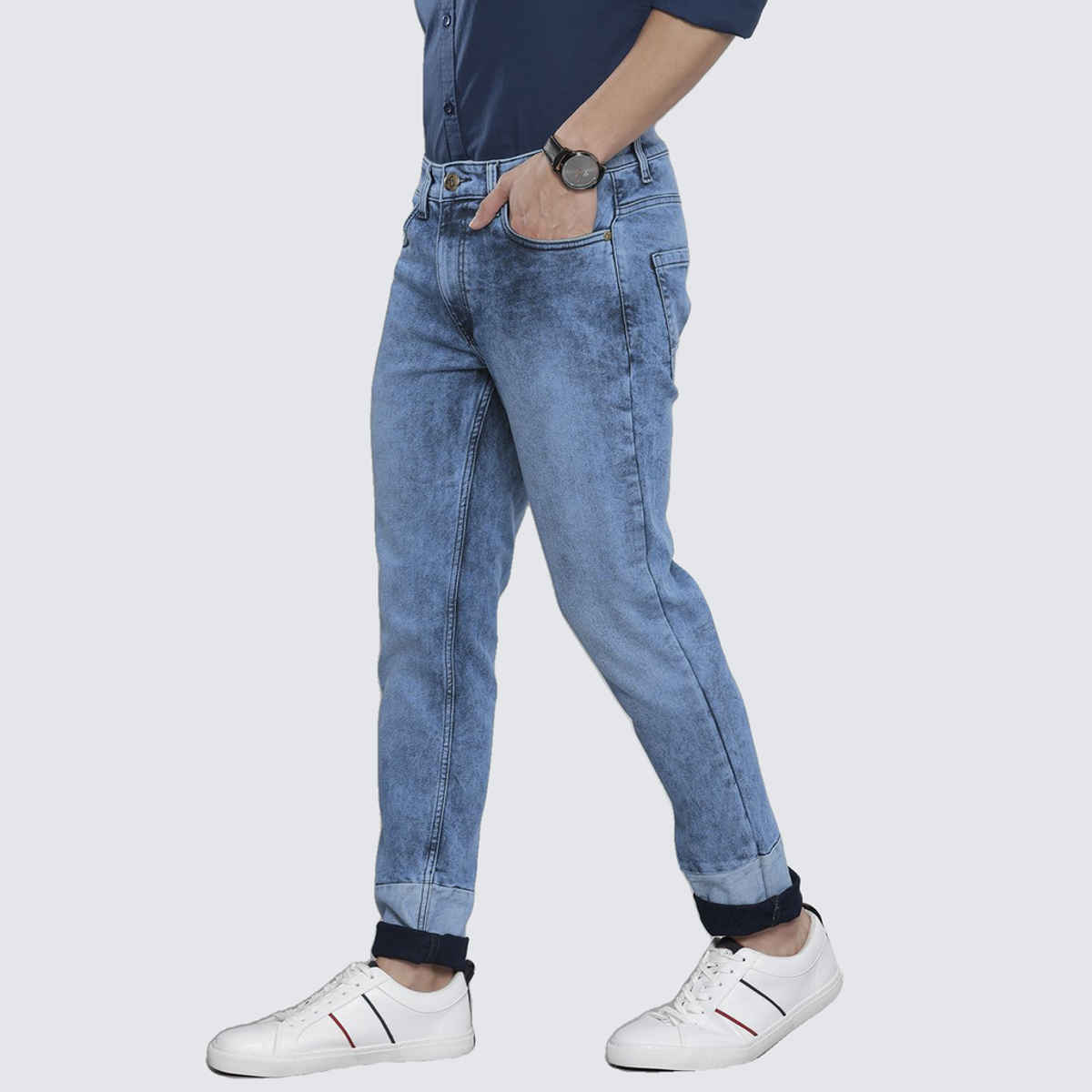 The Indian Garage Co Men's Regular Fit Colourblocked Casual Jeans | Blue | 30