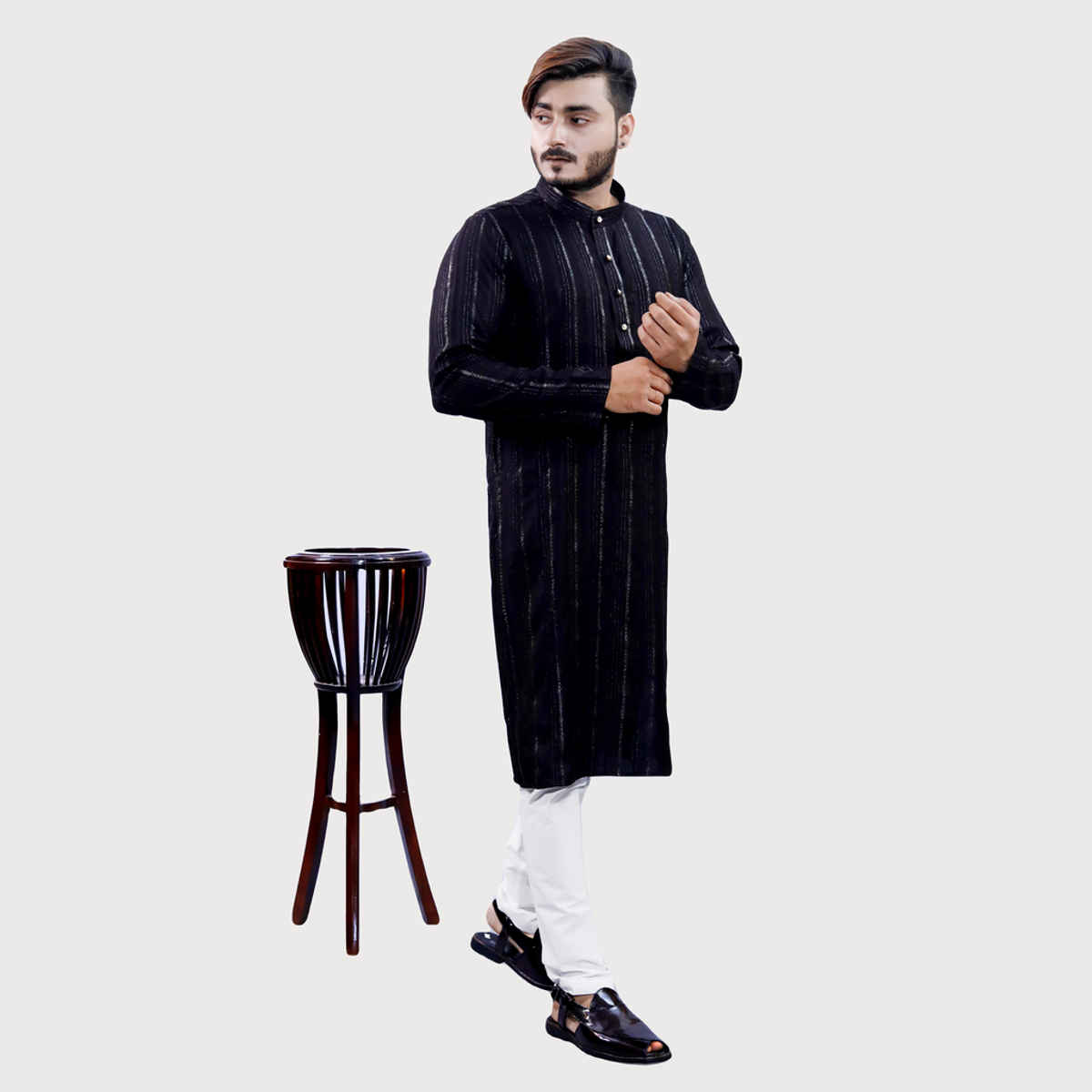 Tibra Collection Men Kurta - Black | Solid | Thin Striped | Cotton Blend | XL