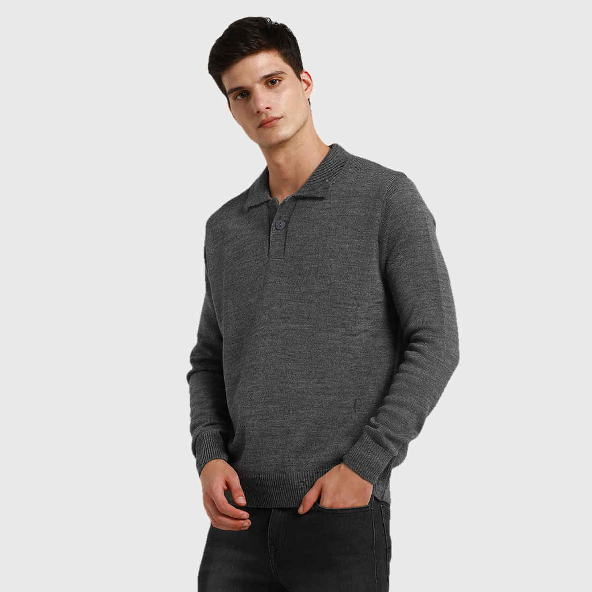 Dennis Lingo Men's Collar Regular Fit Solid Sweater | Mid Grey Melange | M