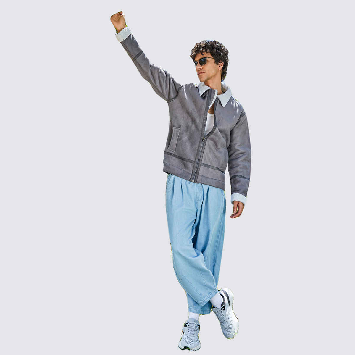 Campus Sutra Men's Fleece Lined Biker Jacket | Moon Grey & Chalk White - M