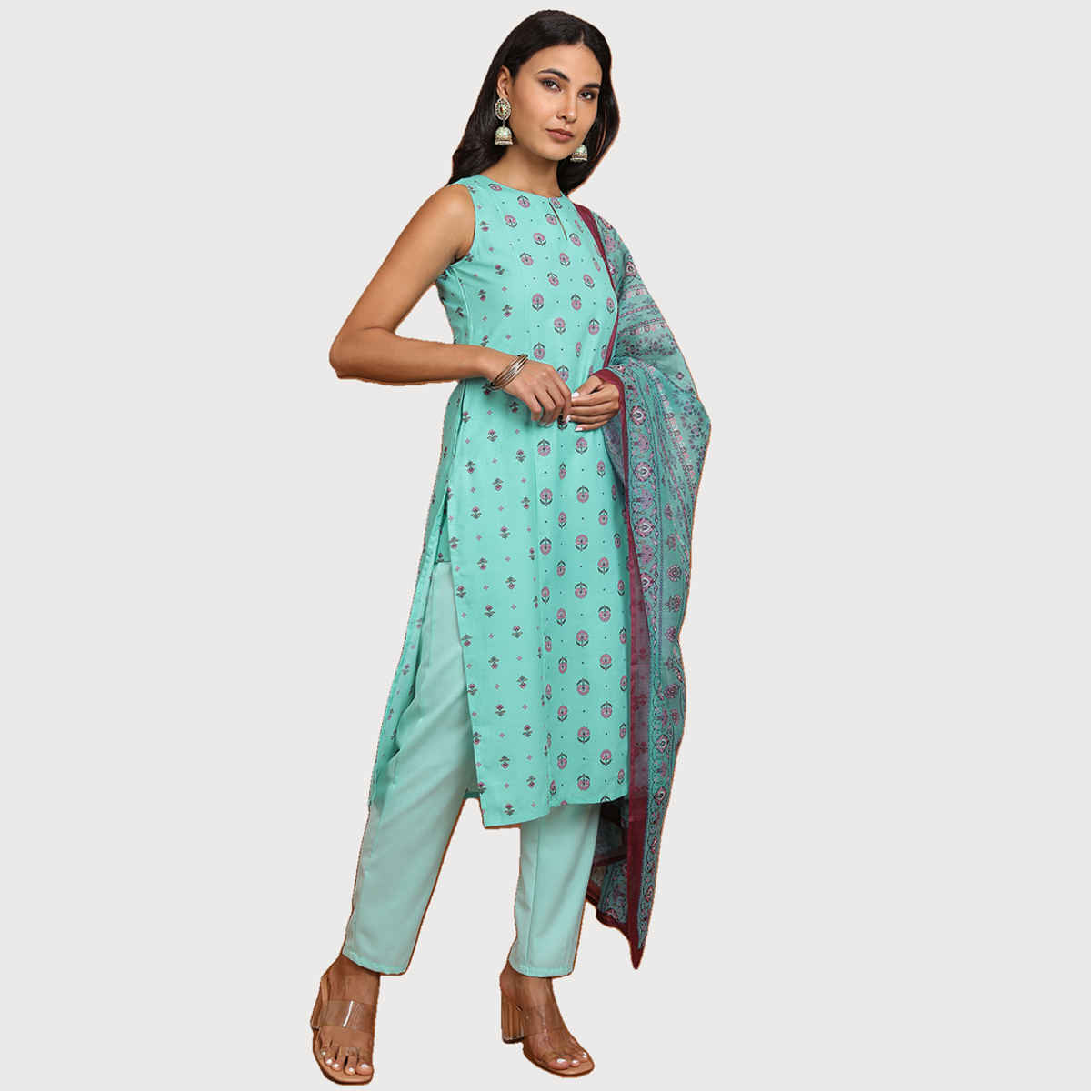 KETCH Women's Ethnic Motifs Printed Straight Kurta, Pyjamas with Dupatta | Aqua - S