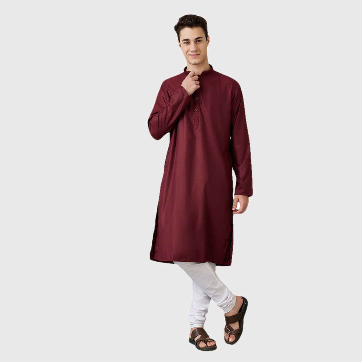 Ethnix by Raymond Men's Fit Poly Viscose Blend Full Sleeve Stand Collar Kurta | Dark Maroon - XL
