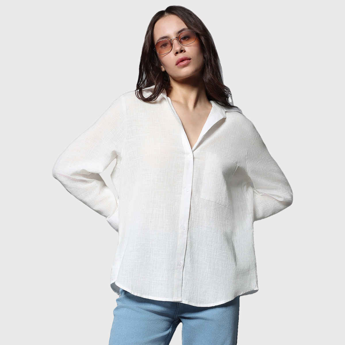 High Star Women's Solid Long Sleeves Oversized Casual Shirt | White - XL