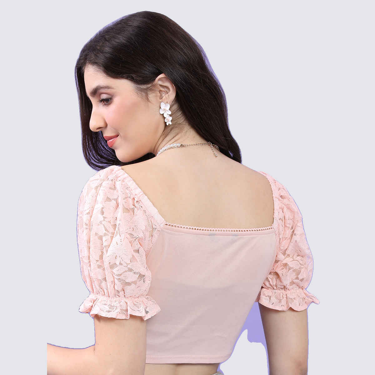 Tokyo Talkies Women's Floral Self Design Puff Sleeves Fitted Crop Top | Pink - XL