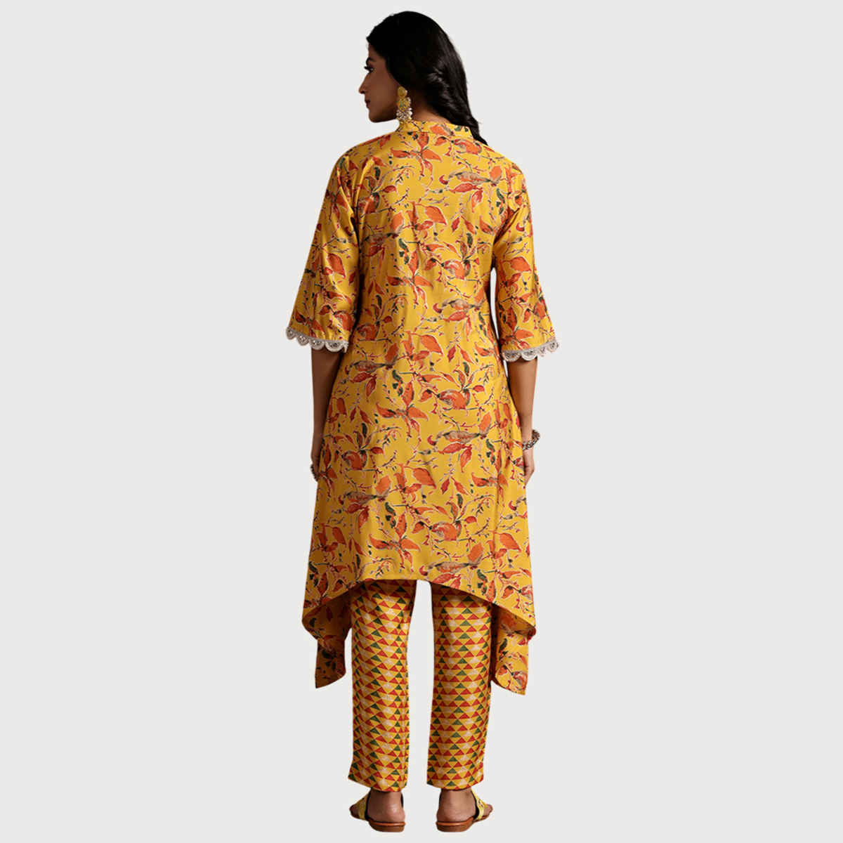 Libas Women's Printed Silk Blend A-Line Kurta with Trousers | Mustard - XL