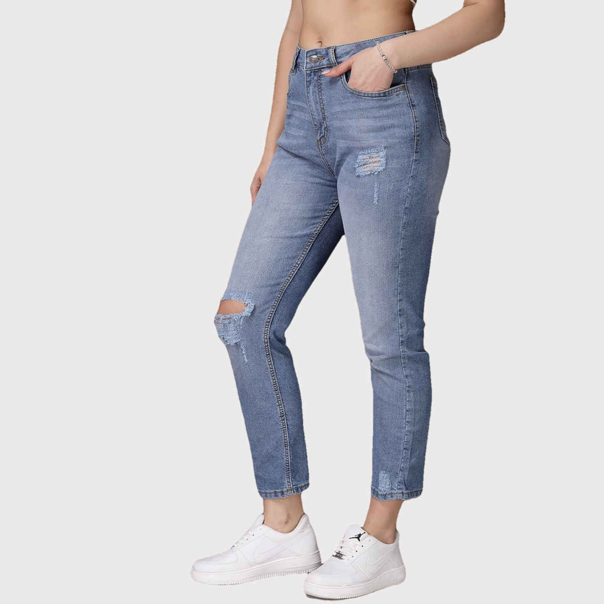 Freehand Women's Distressed Straight Fit Jeans | Blue - 28
