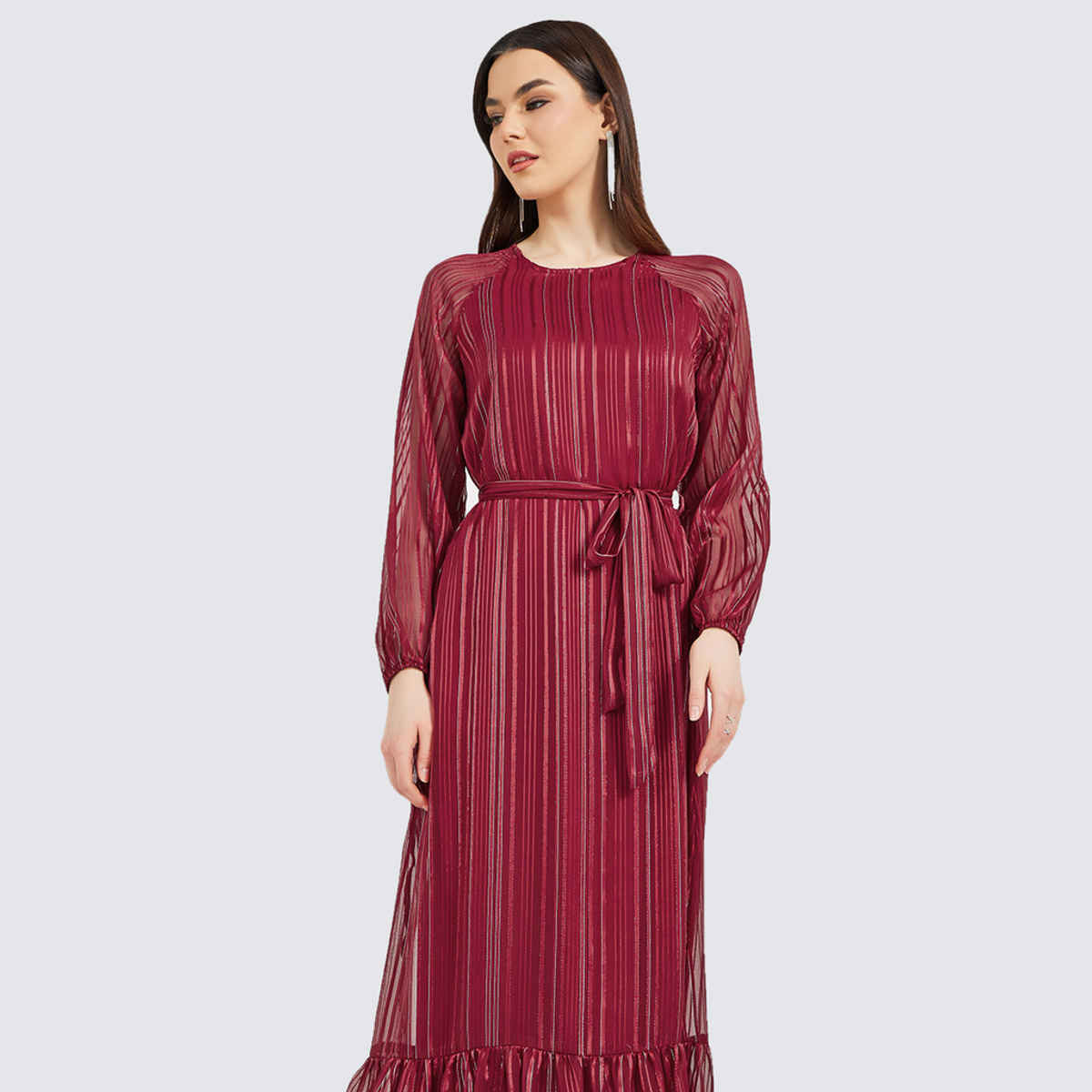 Styli Women's Party Wear Round Neck Striped Long Sleeves Wrap Maxi Dress | Burgundy - XL