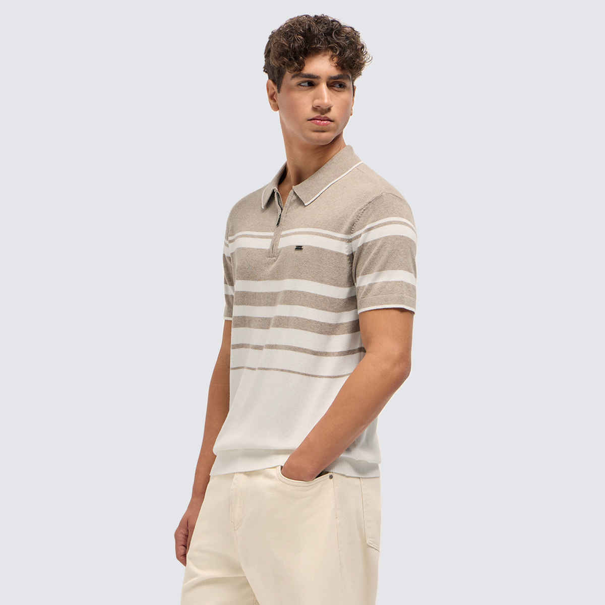 The Bear House Men's Striped Textured Flat Knit Slim Fit Polo Shirt | Beige and White - M