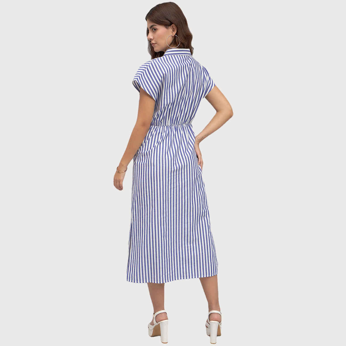 DL Women's Striped Tie-Up Cotton Shirt Style Midi Dress | DLWDRW23008 | Blue - M
