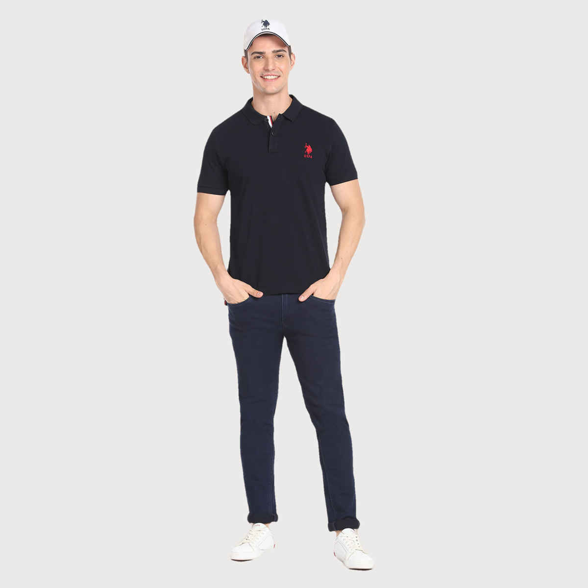 USPA Contrast Placket Solid Cotton Polo T Shirt For Men - Navy - XL