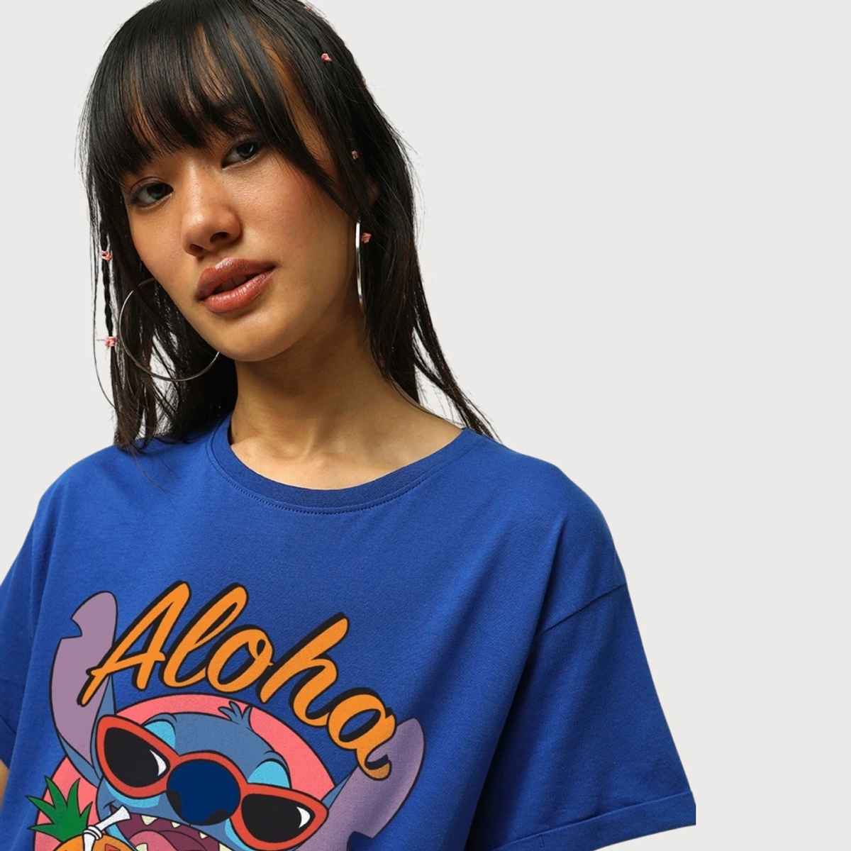 Bewakoof Women's Official Disney Lilo & Stitch Graphic Printed Boyfriend T-shirt | Blue - S