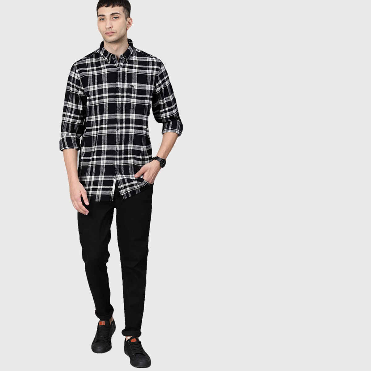 The Bear House Men Slim Fit Flannel Button-Down Casual Shirt - Tally | Black | L