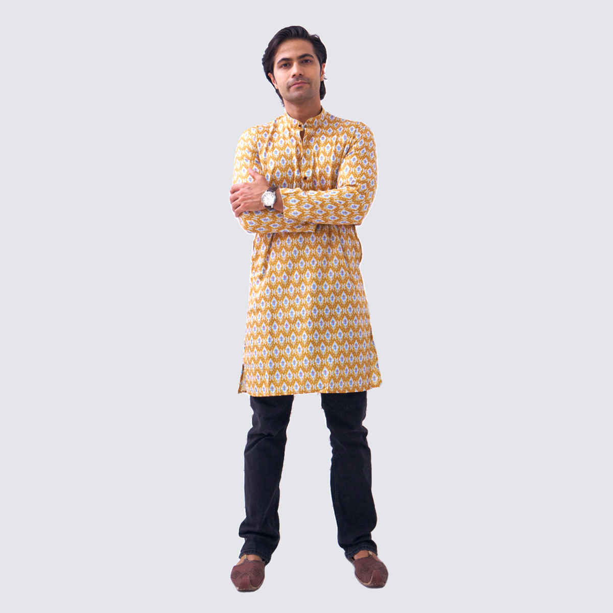 House Of Festivals Men's Printed Cotton Blend Long Kurta | Yellow - M
