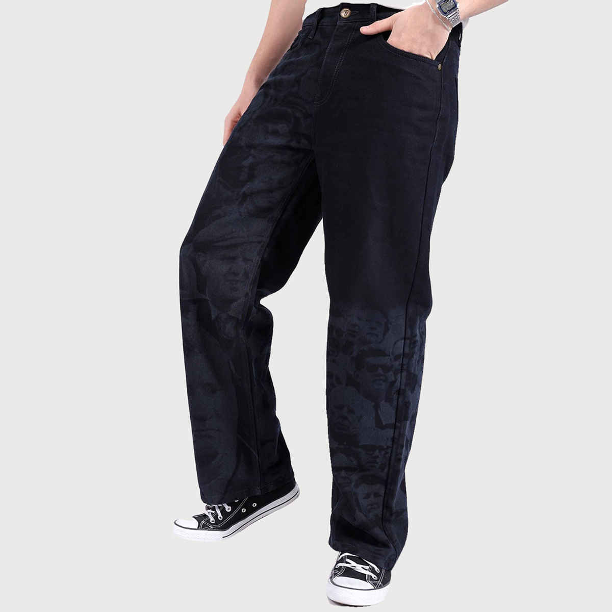 The Indian Garage Co Men's Baggy Fit Photo Print Casual Jeans | Dark Blue | 30