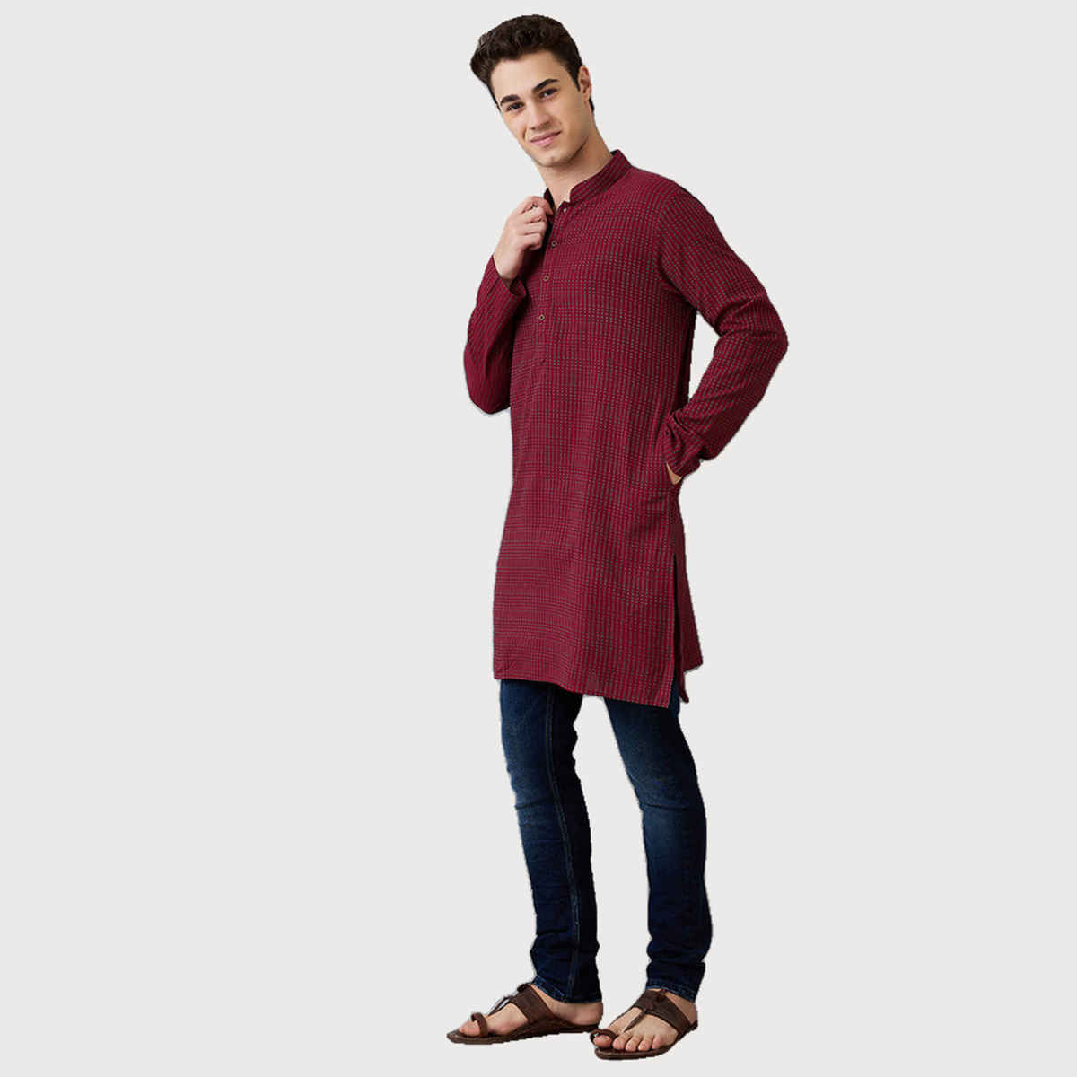 Ethnix by Raymond Men's Fit Pure Cotton Full Sleeve Folded Collar Short Kurta | Dark Maroon - M