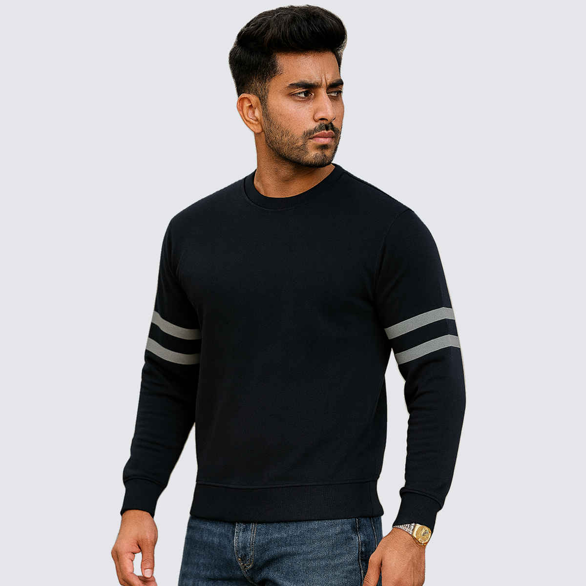 Gcyx Men's Stripe Sleeve Sweat Shirt | 70% Cotton and 30% Polyester | Black - M