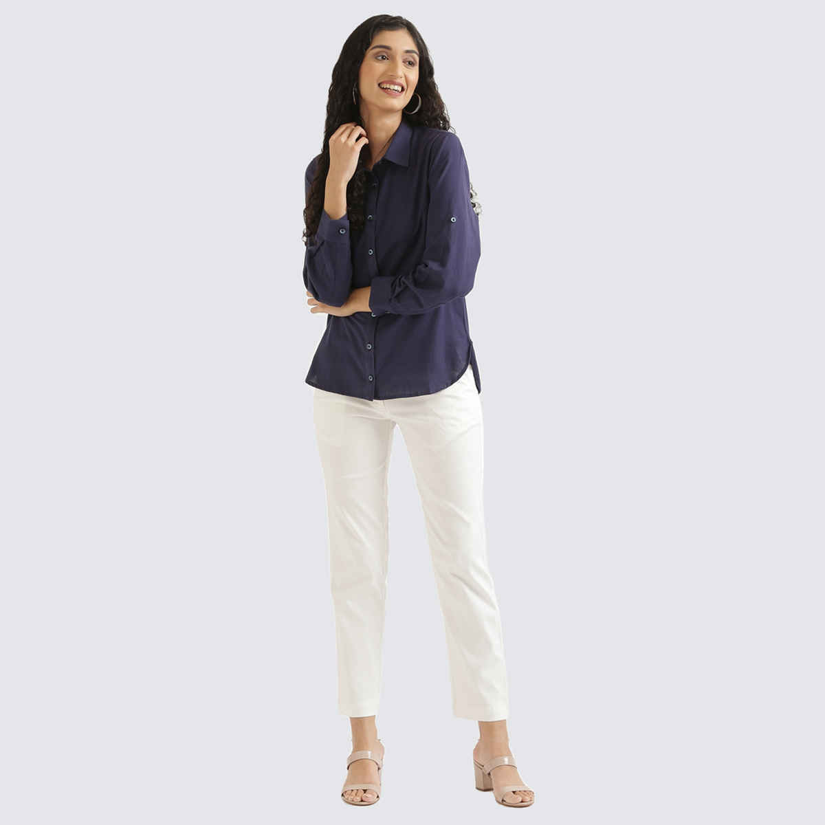 Saadaa Women's Airy Solid Linen Shirt | Navy Blue - M