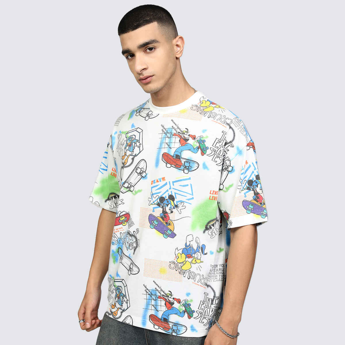 Highlander Disney Mickey Mouse Men's Oversized Drop Shoulder T-shirt | White & Multicolour - XS