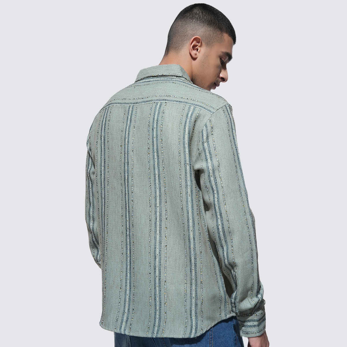 Highlander Men's Fancy Yarn Dobby Textured Striped Relaxed Shirt | Green - XL