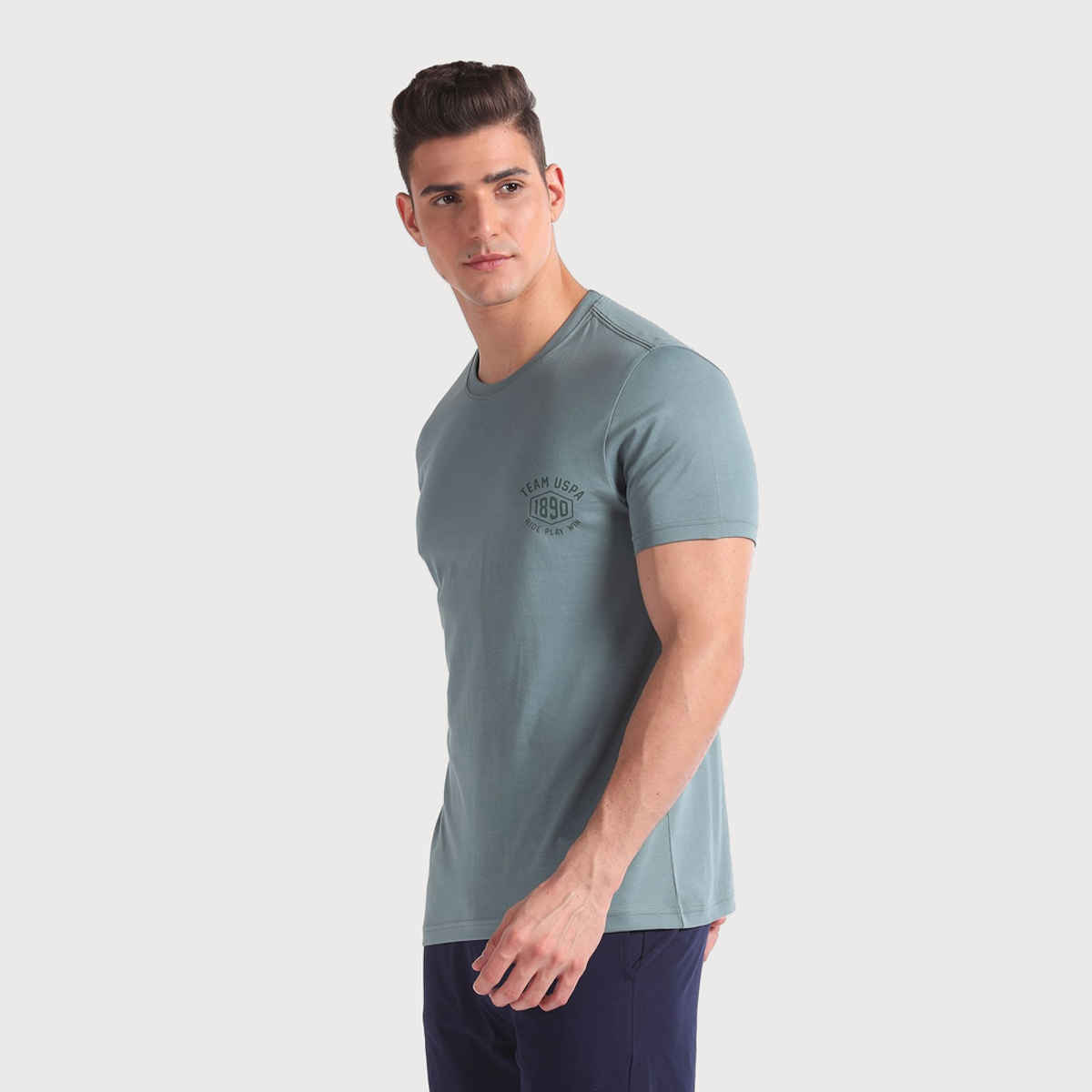 USPA Round Neck Cotton Lounge T - Shirt For Men - Grey and Green - S