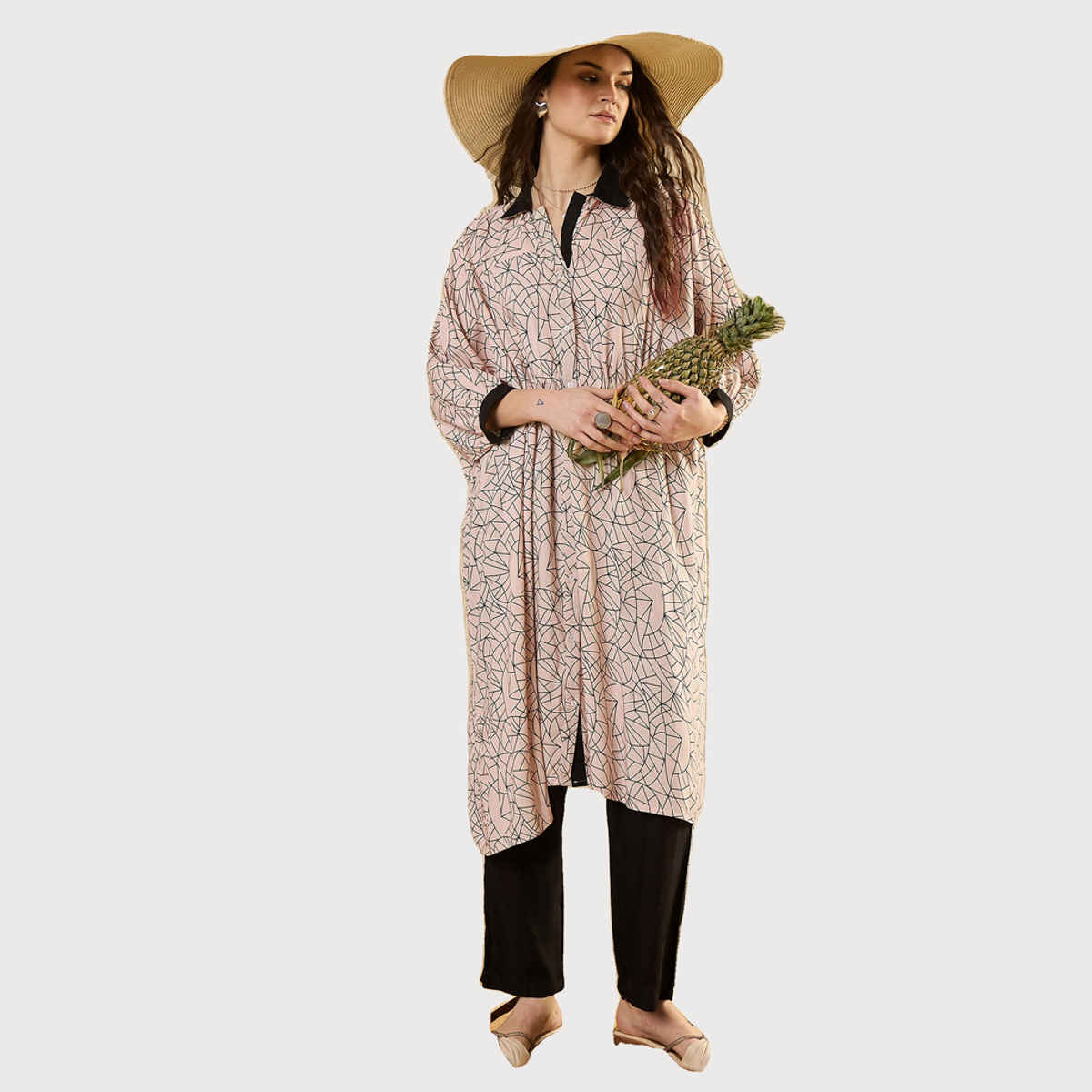 Sanskrutihomes Printed CollaRed | Tunic & Trouser Co-Ord Set for Women s | Beige | L