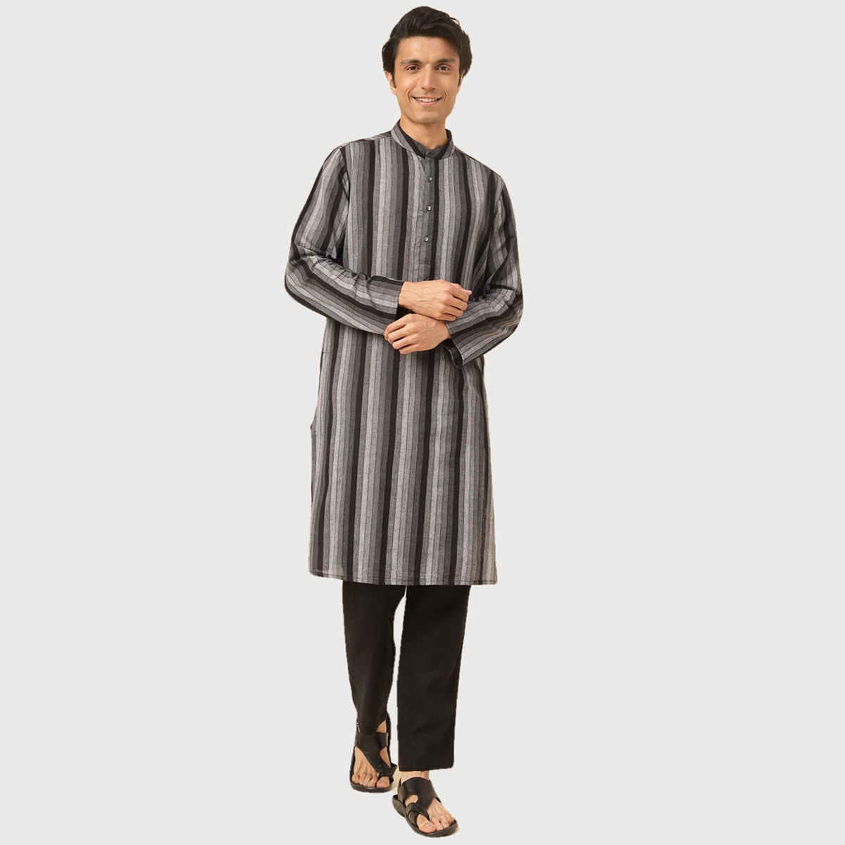 Fabindia Men's Long Kurta Woven | Black - S