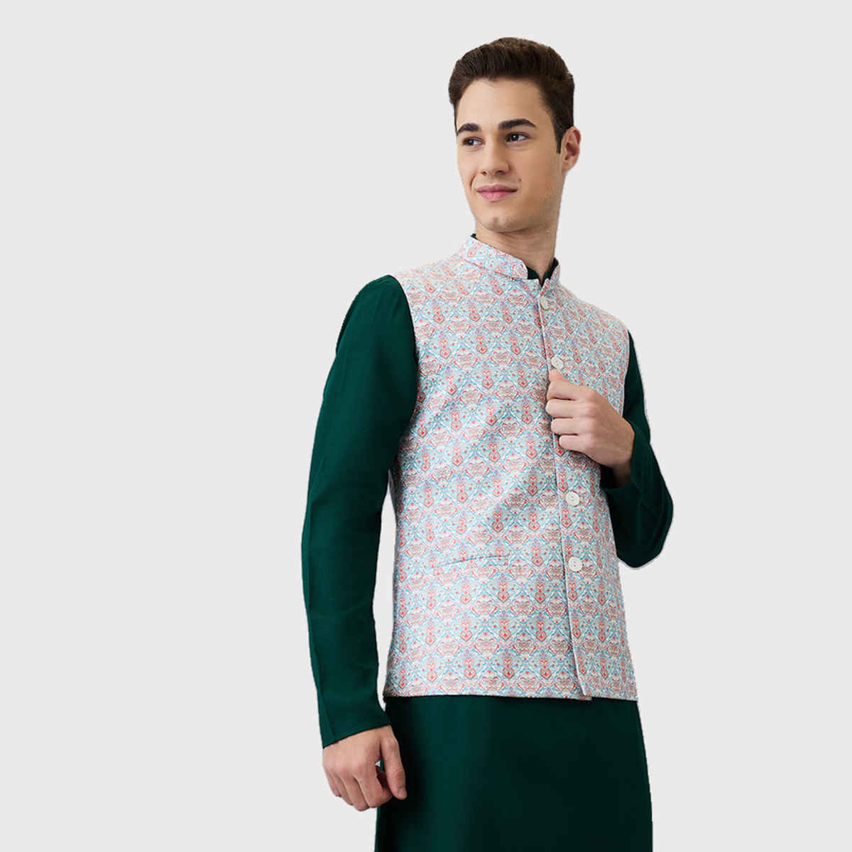 Ethnix by Raymond Men's Regular Fit Poly Cotton Blend Print Stand Collar Bundi | Light Blue - L