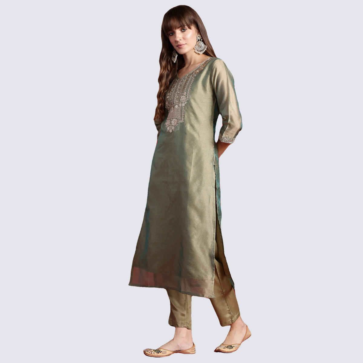 INDO ERA Women's Embroidered Straight Kurta Trousers with Dupatta Set | Green - L