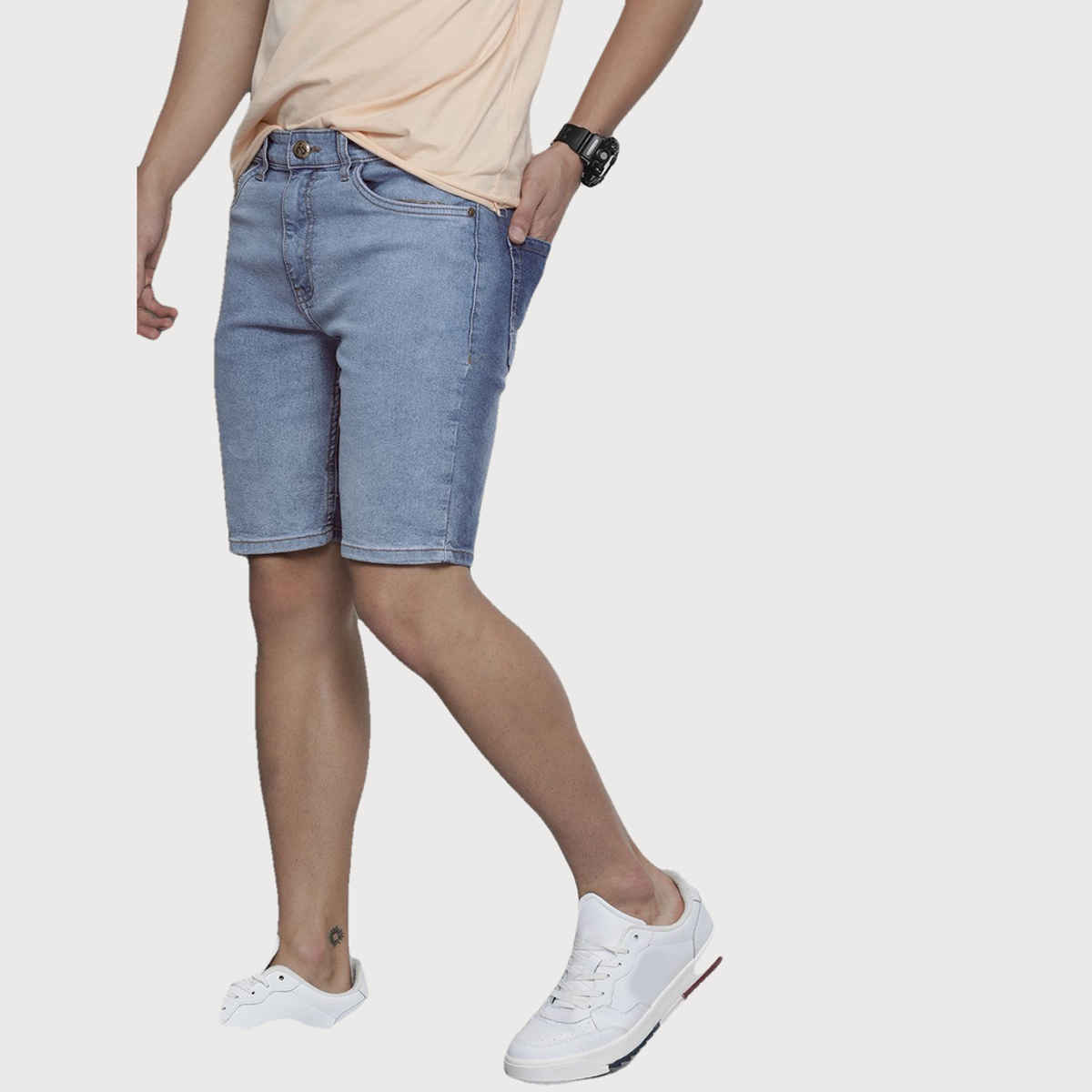 The Indian Garage Co Men | Slim Fit Solid Casual Denim Shorts | Light Blue | 30
