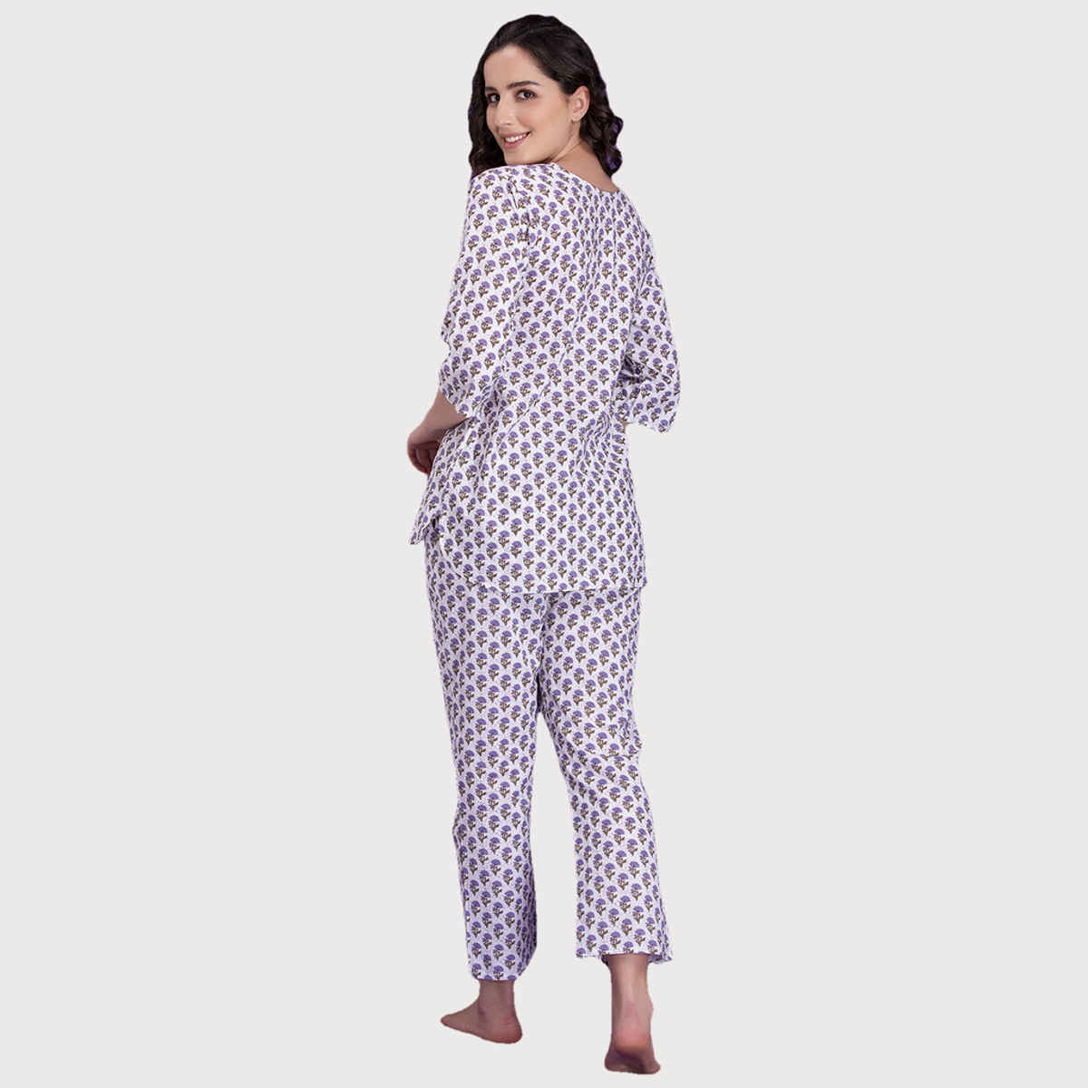 Clovia Pretty Florals Top & Pyjama - 100% Cotton(Blue - S)