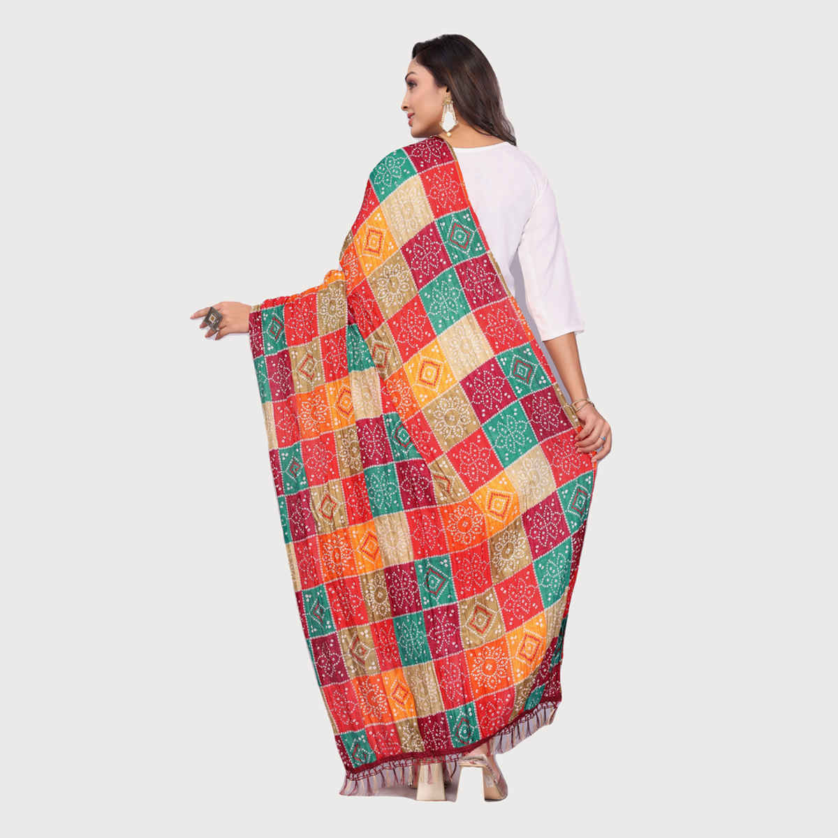 Fabflick Chinon Crush Printed Multicolor Tassel Embellished Women's Dupatta | CHNCR-001