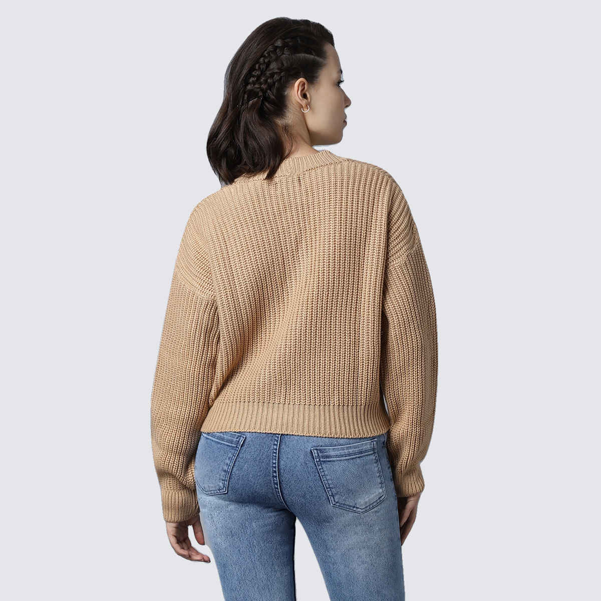 High Star Women's Ribbed V-Neck Long Sleeves Acrylic Cardigan Sweater | Sand - L