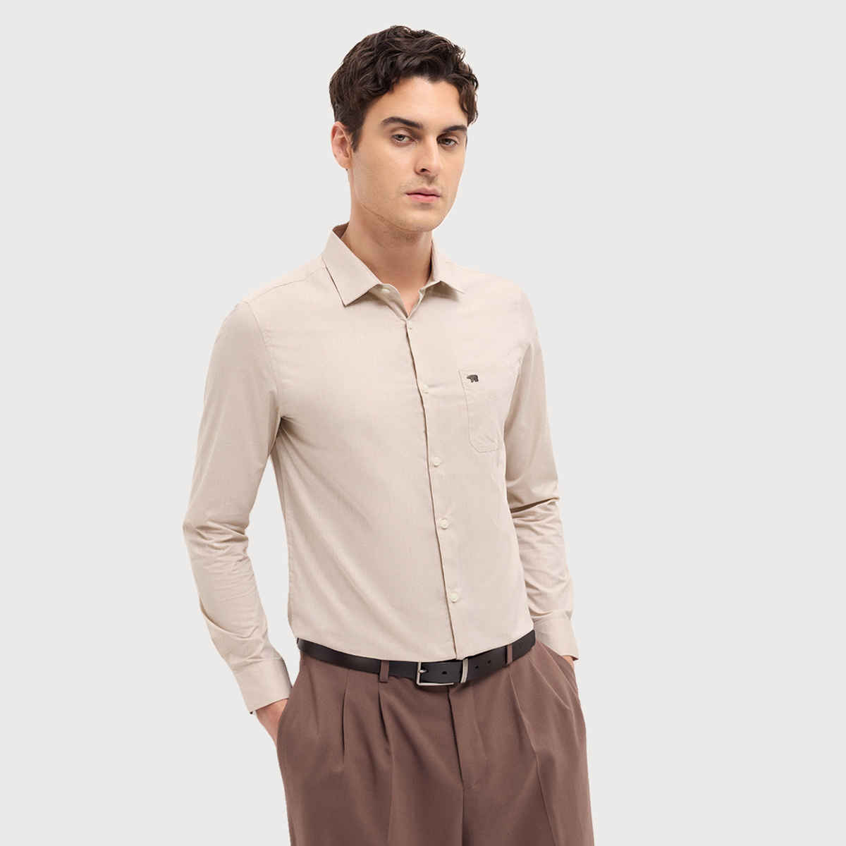 THE BEAR HOUSE Men's Cotton Solid Tailored Fit Formal Shirt | TBH-DANO-BG | Beige - M