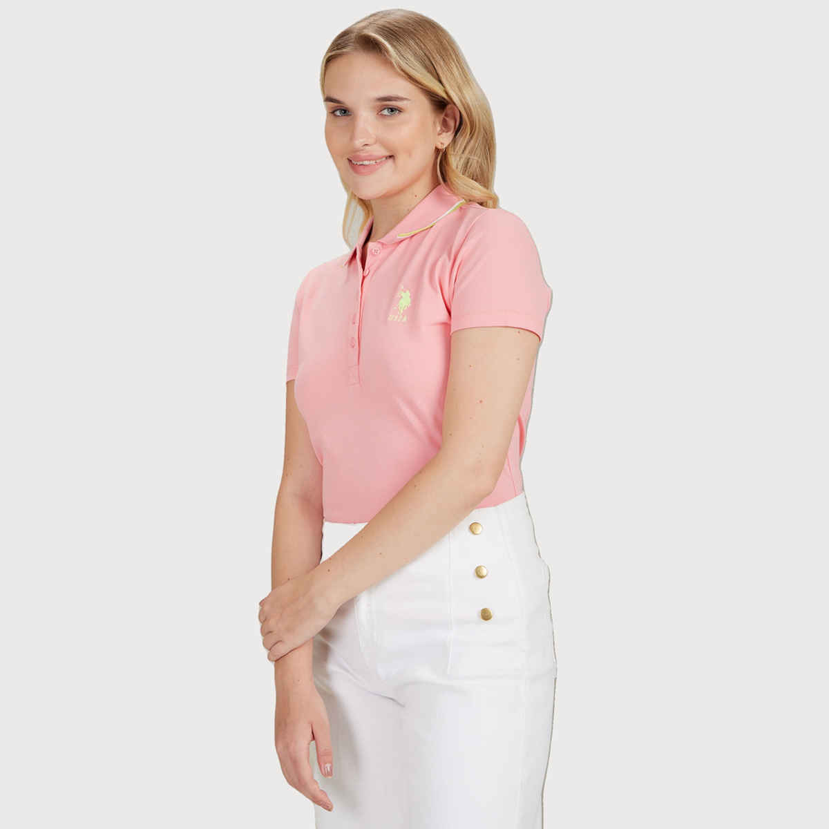 USPA Tipped Collar Cotton Stretch Polo Tshirt For Women Shirt - Flamingo Pink - M
