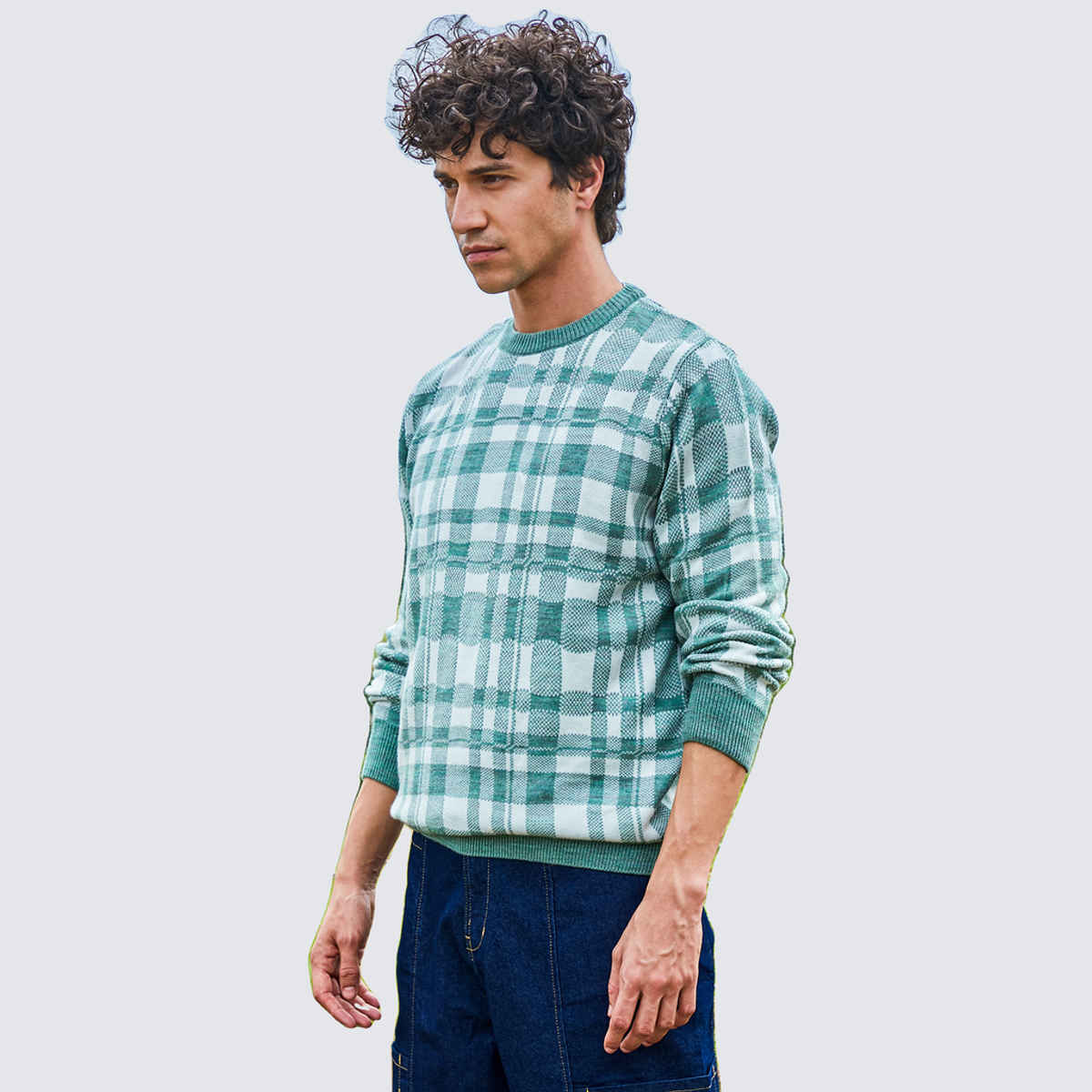 Campus Sutra Men's Tartan Plaid Pullover Sweater | Sage Green - L