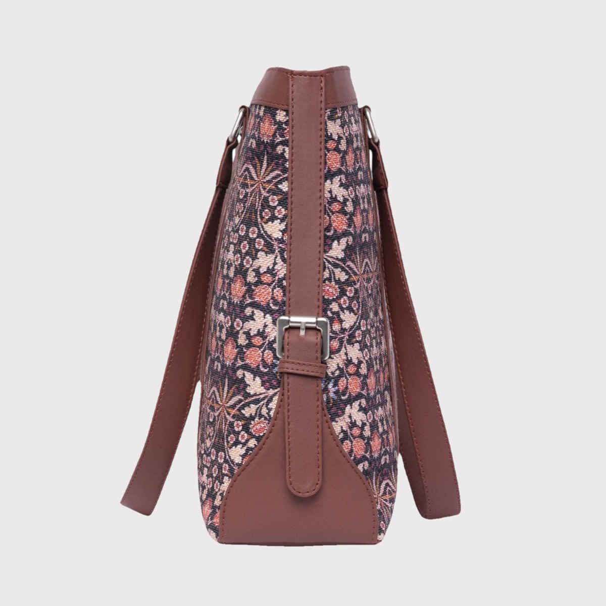 Zouk Women's Printed Vegan Leather and Handcrafted Fabric 13.8L Double Strap Office Bag | Brown