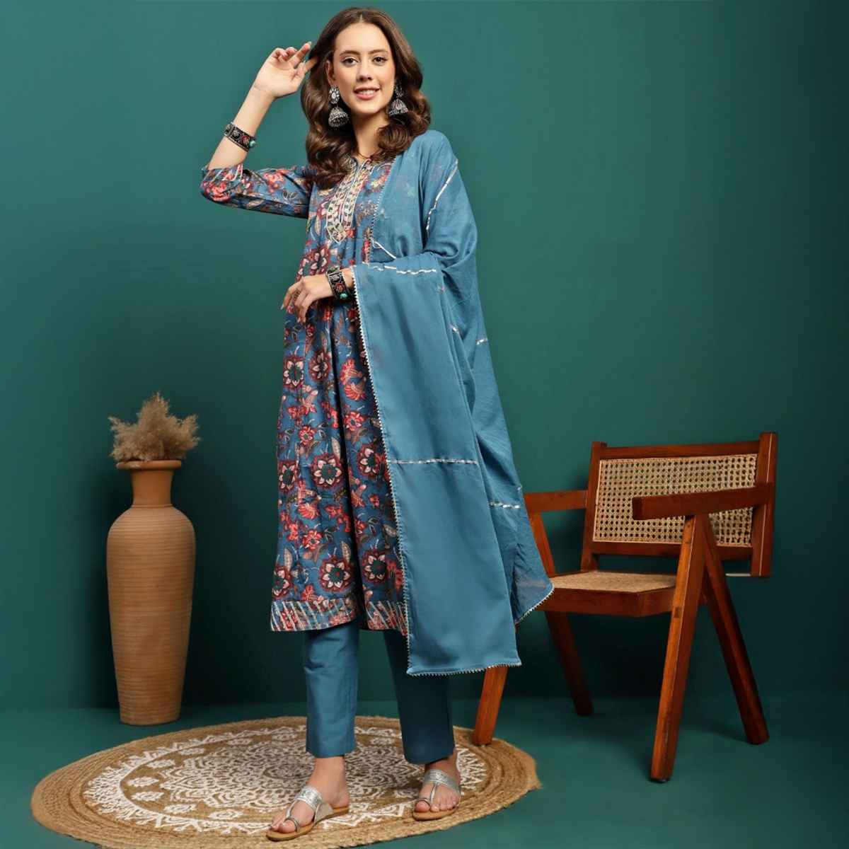 Bandia Women's Floral Gota Patti Anarkali Kurta Trouser Set with Dupatta | BANKS0211 | Indigo | M