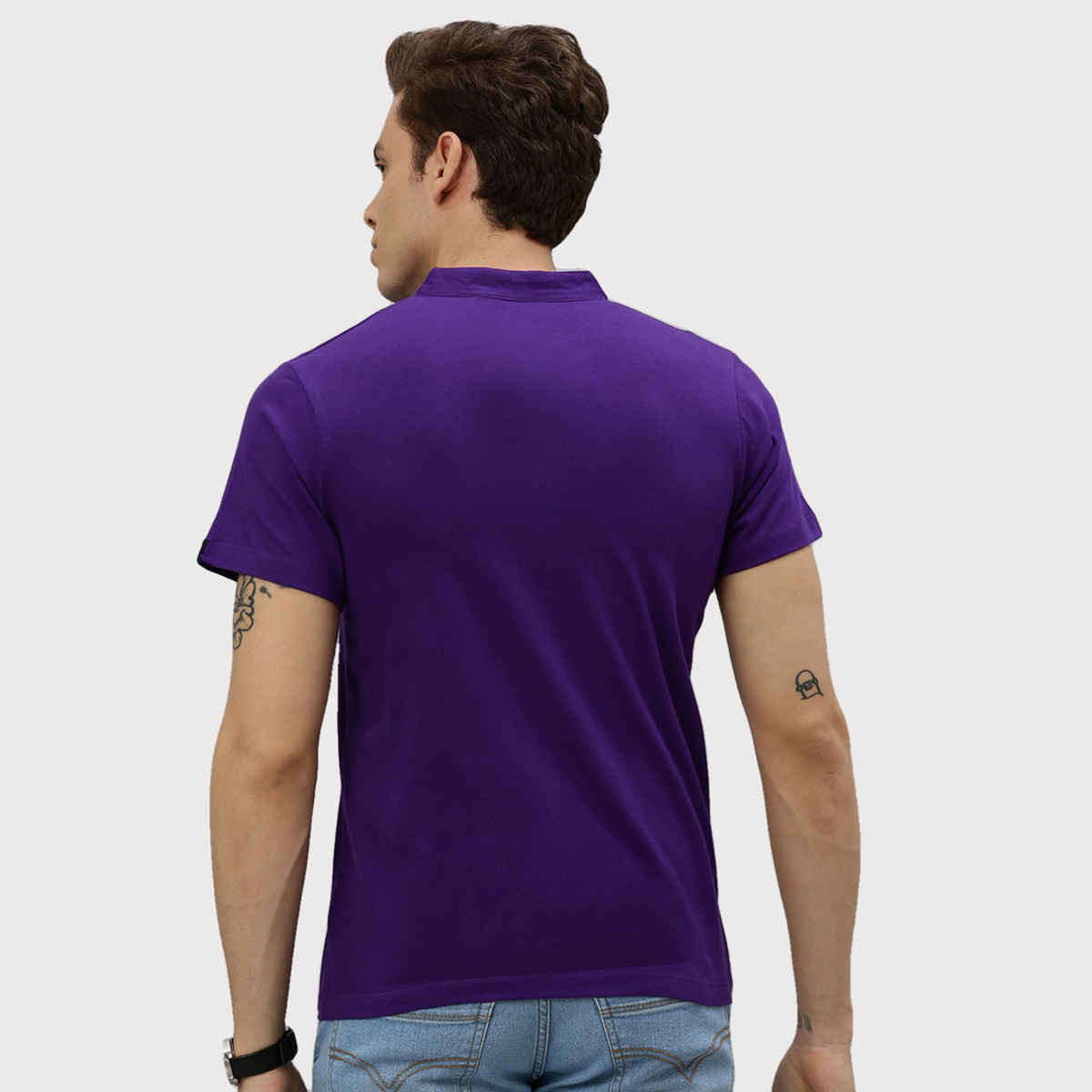 Urbano Fashion Men's Purple Solid Mandarin Collar Slim Fit Cotton T-Shirt-L