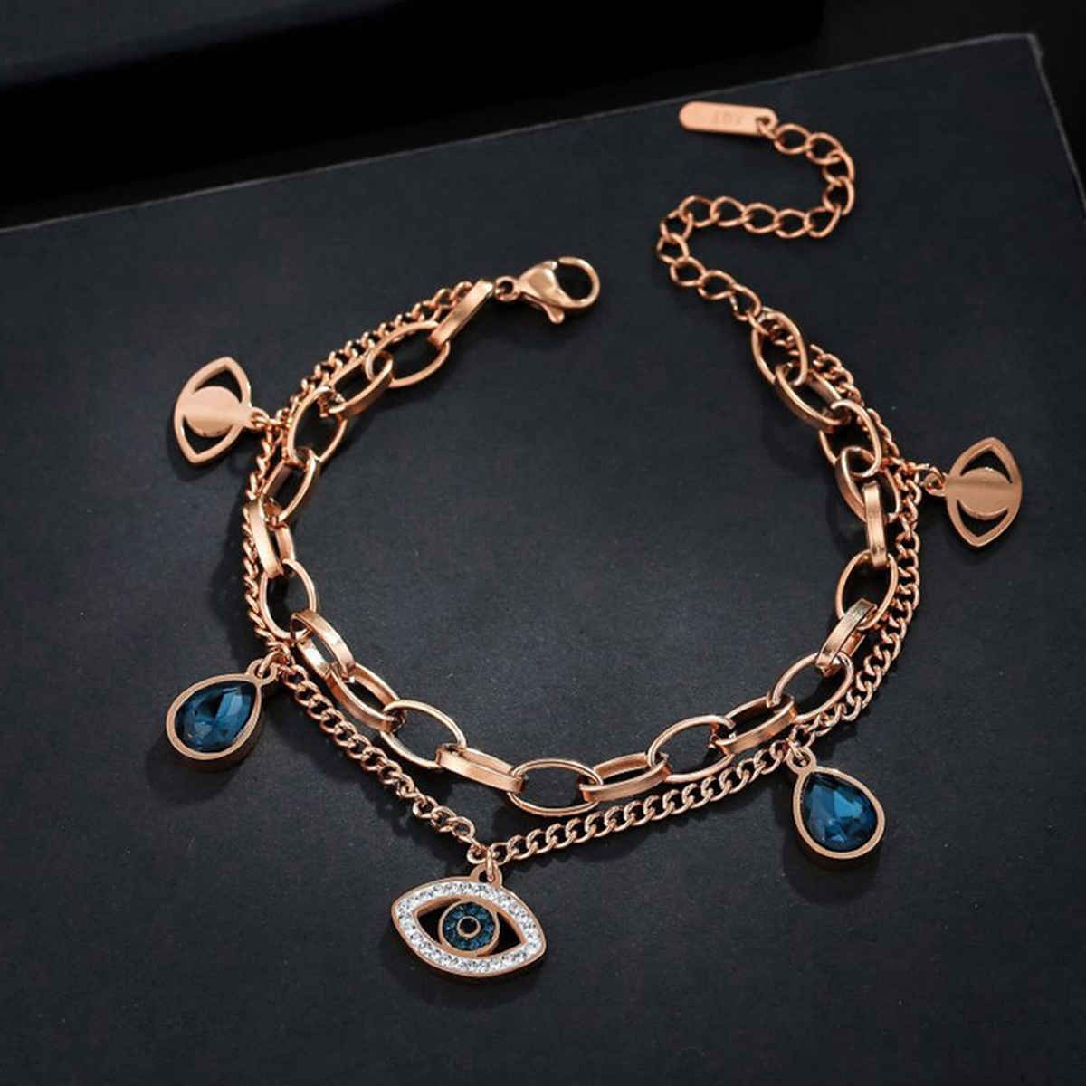 Designs & You Stainless Steel Rose Gold Plated Evil Eye Wraparound Bracelet
