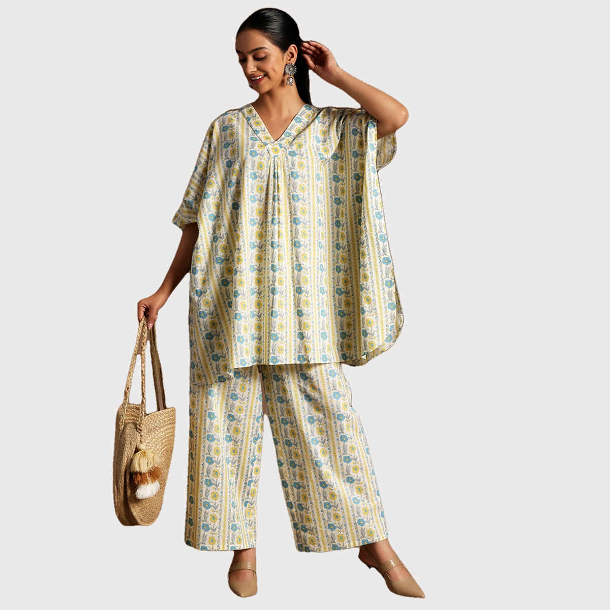 Libas Women's Cream Printed Cotton Co-Ords | L