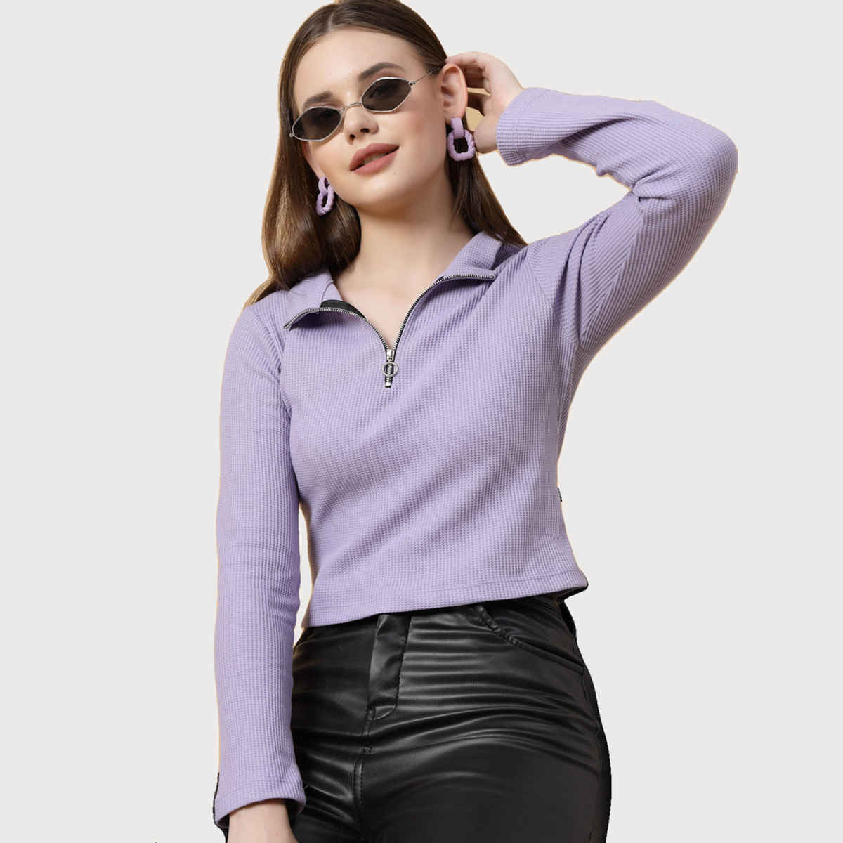Rigo Women Waffle Top | Light Purple - S