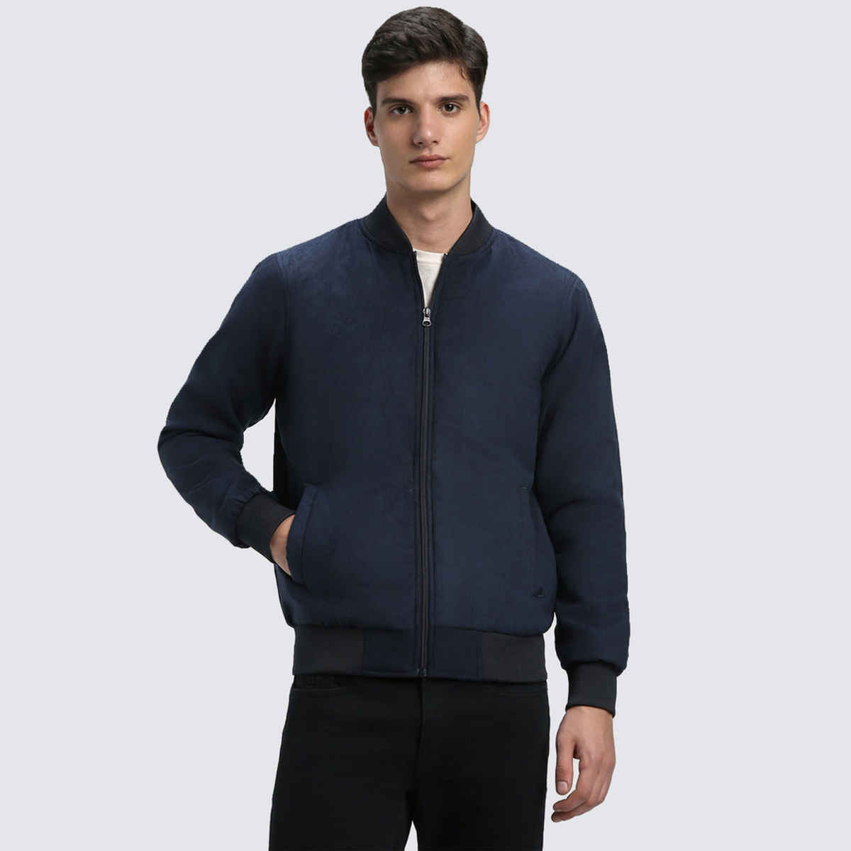 Dennis Lingo Men's Rib Collar Regular Fit Solid Navy Suede Bomber Jacket | Dlmjkw23030 - Nv | M