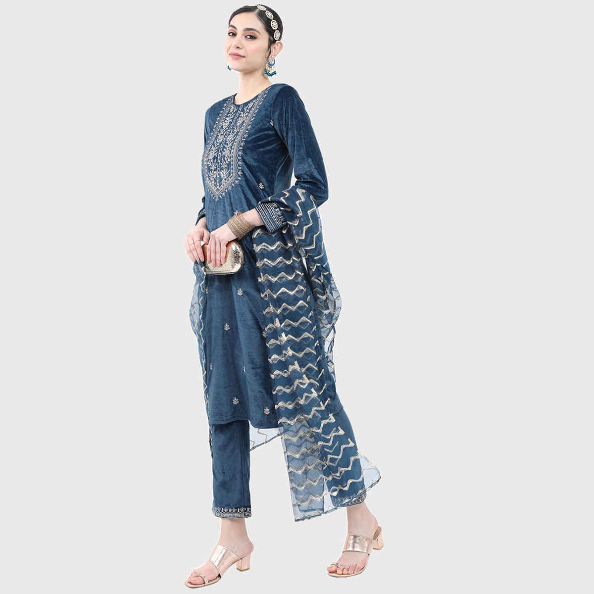 KETCH Women's Embroidered Knited Velvet Kurta & Trousers with Dupatta | Blue - L