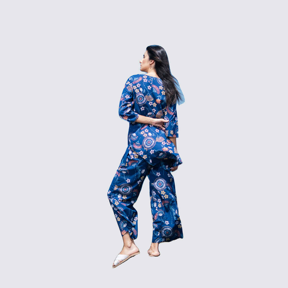 Sanskrutihomes Ethnic Motif Pure Cotton Top & Trouser Co-Ord Set | Navy Blue - M